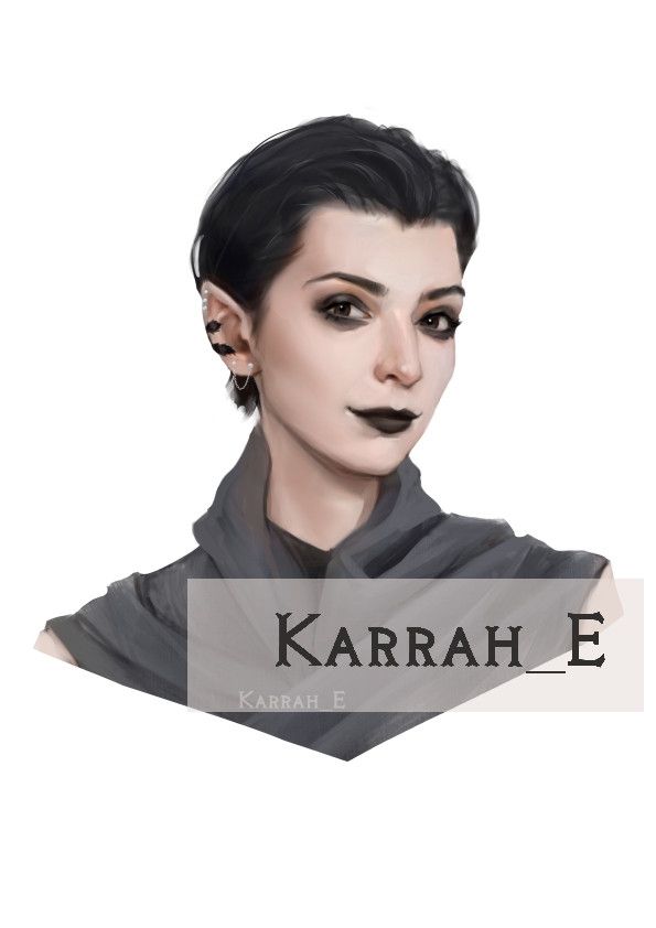 Stylised headshot painting of a pale half-elf woman with slicked back hair, black - the same shade as her lipstick and eye makeup. She wears a grey wrap tunic, a black earcuff in the shape of leaves, several silver earrings and a little smirk.