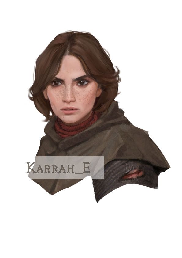 Stylised portrait of a woman in her thirties, pale skinned with freckles and a brown bob. Her dark eyes glare at something unseen and her posture is defensive. She wears a brown hood over dark chainmail and bears a cut on her upper arm. Red ropes the colour of blood circle her throat
