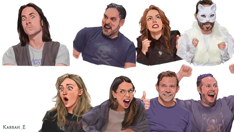 Stylised group painting of all the Critical Role main cast making animated expressions 