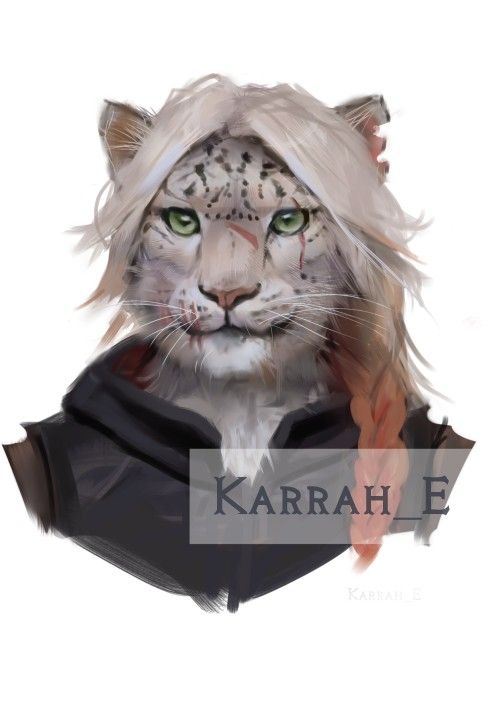 Stylised headshot of an anthro snow leopard male. He has green eyes, numerous scars and a braid over one shoulder with an ombre effect: white at the crown descending to orange. He wears dark leathers. There are two  notches in his left ear