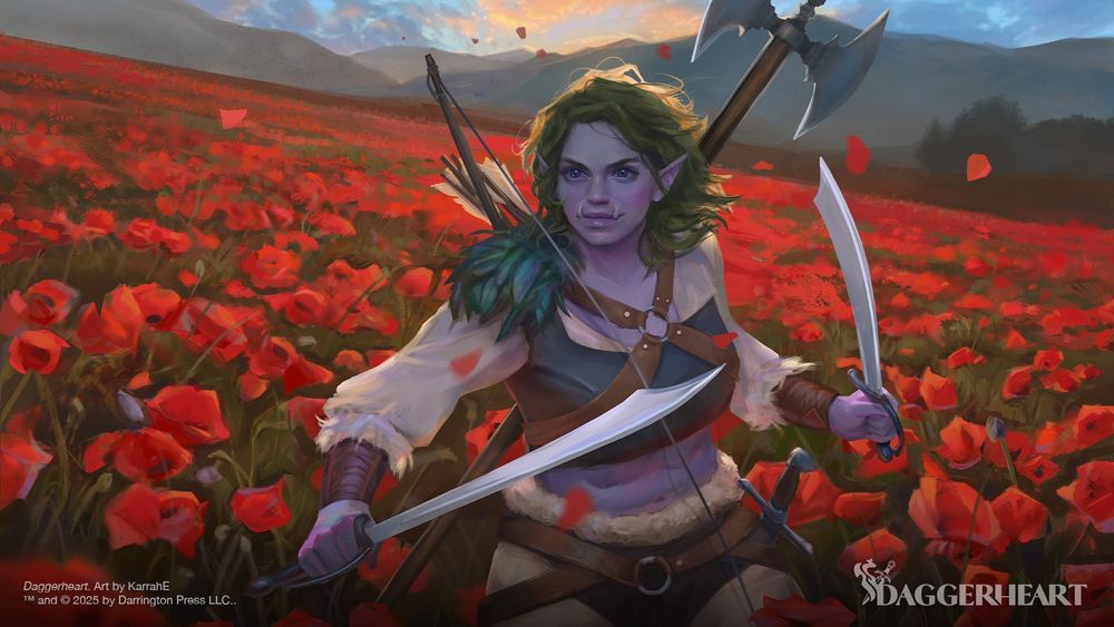 Painting of a lilac-skinned orc woman standing in a field of poppies at sunset. She is brandishing two scimitars and carries many more weapons besides: bow, quiver, halberd, dagger. Her stance is ready and eager and she has a challenging smile as if ready for anything. The wind blows in her wavy green hair and sends petals through the scene