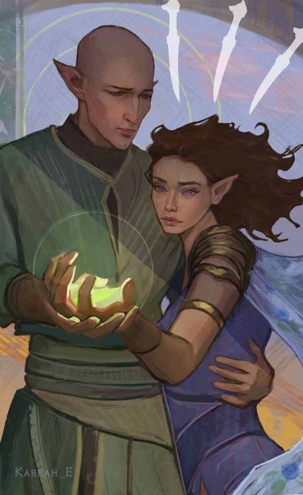 Tarot card painting of Three of Swords. Solas stands in a tender embrace with Lavellan, cradling her glowing left hand in his and looking to her sorrowfully