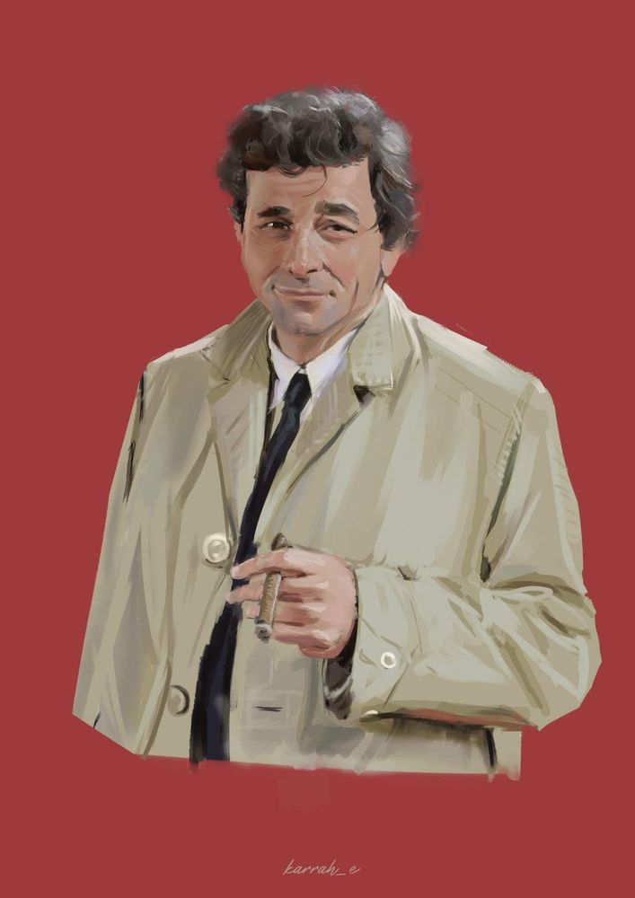 Half body painting of Lieutenant Columbo. He's wearing his trademark mac and holding a cigar. He has a kindly smile and a glint in his eye