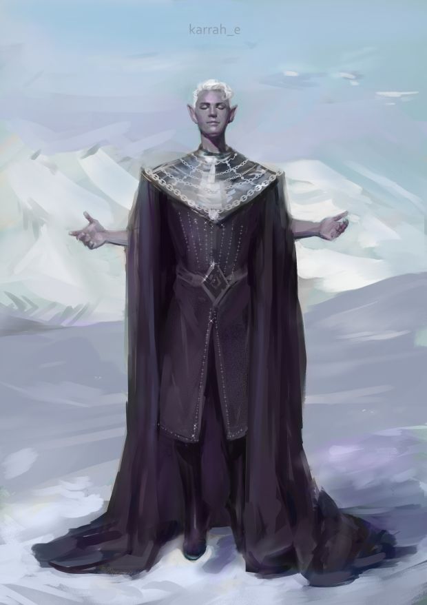 Essek Thelyss hovering above the snowy slopes of Aeor. He has his hands outstretched and eyes closed, enjoying the frosty sunlight 