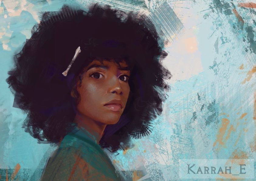 Painterly headshot of a young black woman with a soft, anxious expression as she looks over her shoulder. She has a small bone in her hair