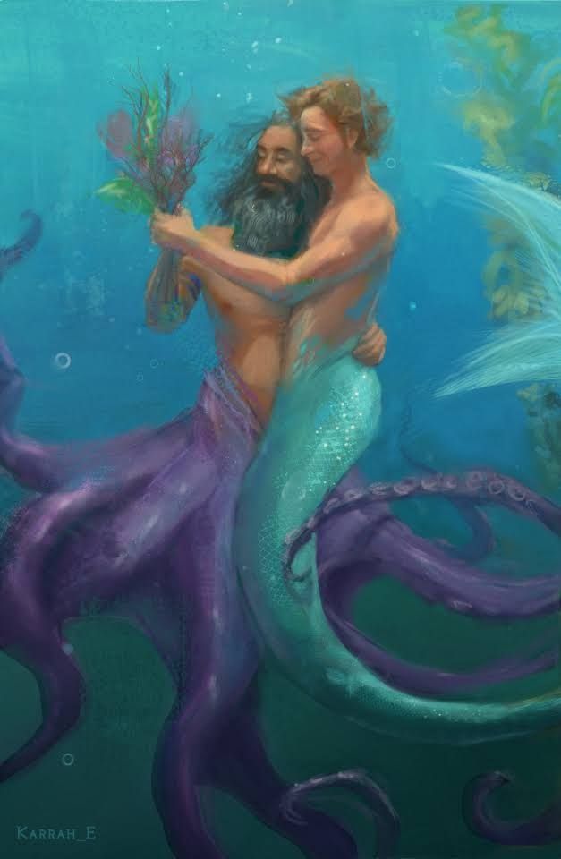 Painterly piece of Stede and Ed as merman and kraken in a romantic clinch underwater in the tropics. They hold a bouquet made of seaweed. Stede has a teal green tail to match his outfit from OFMD while Ed's tentacles are purple
