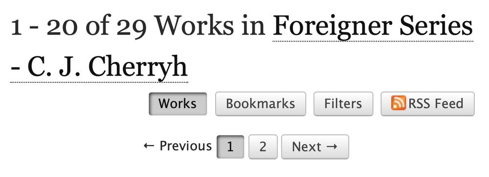 Screenshot from Archive of Our Own showing the page for CJ Cherryh’s Foreigner series where, sadly, there are only 29 works.