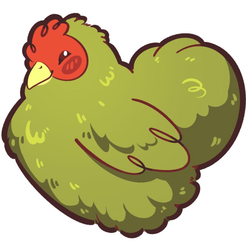 Cartoon Buff Orpington chicken in shades of green