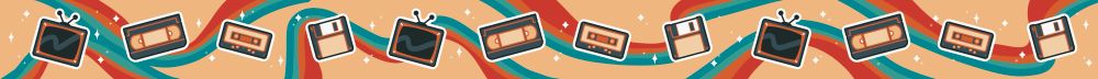 Repeating pattern of a vintage tv, vhs, cassette, and floppy disk, with retro colours behind them.
