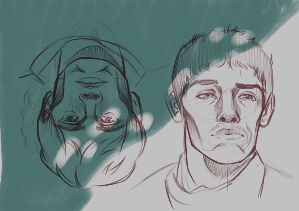 Merlin and Arthur from BBC’s Merlin, they’re lying down in the grass, head up, Arthur upside down, sketch