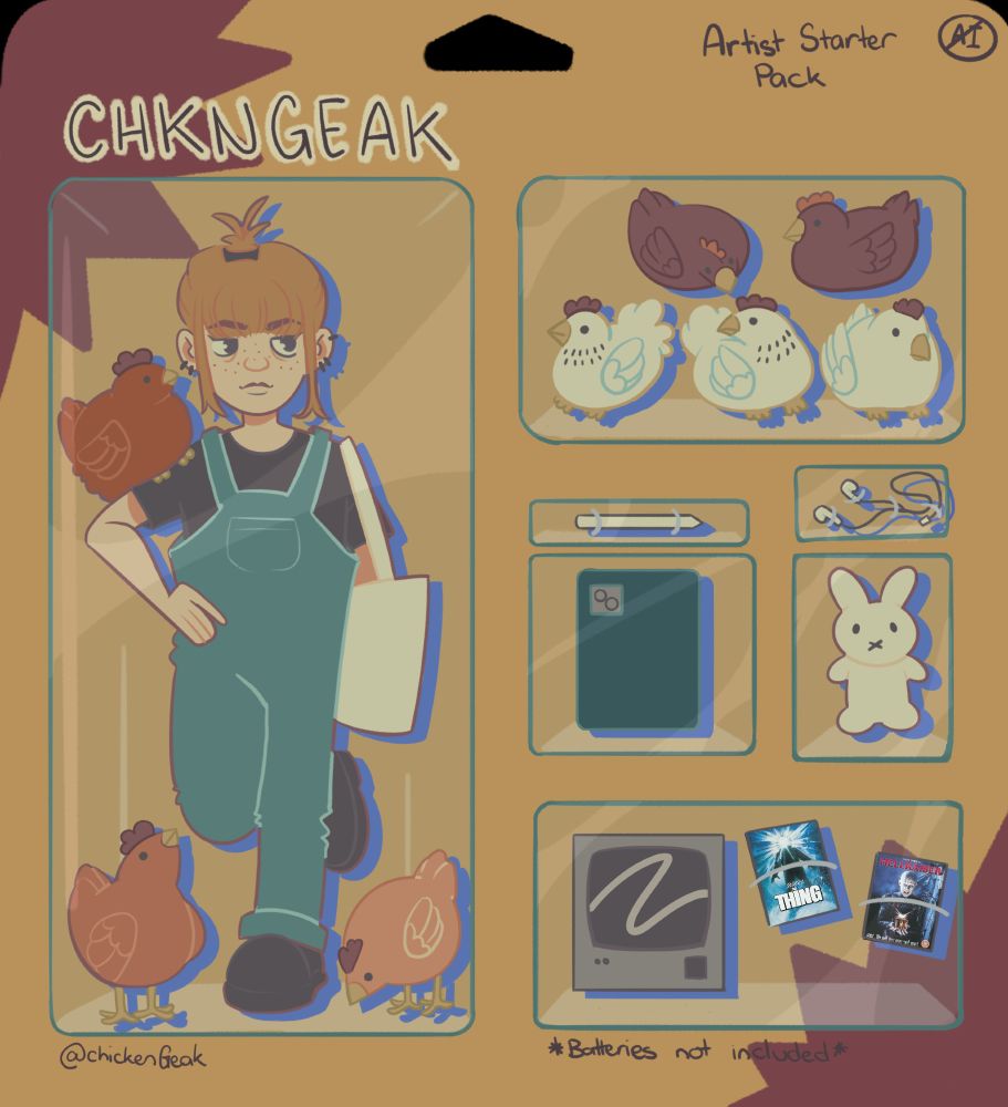Starter pack trend of myself which includes my 8 chickens, a small tv, two dvd's of the Thing and Hellraiser, my ipad, apple pencil, headphones, and my stuffed toy I've had for 28 years.