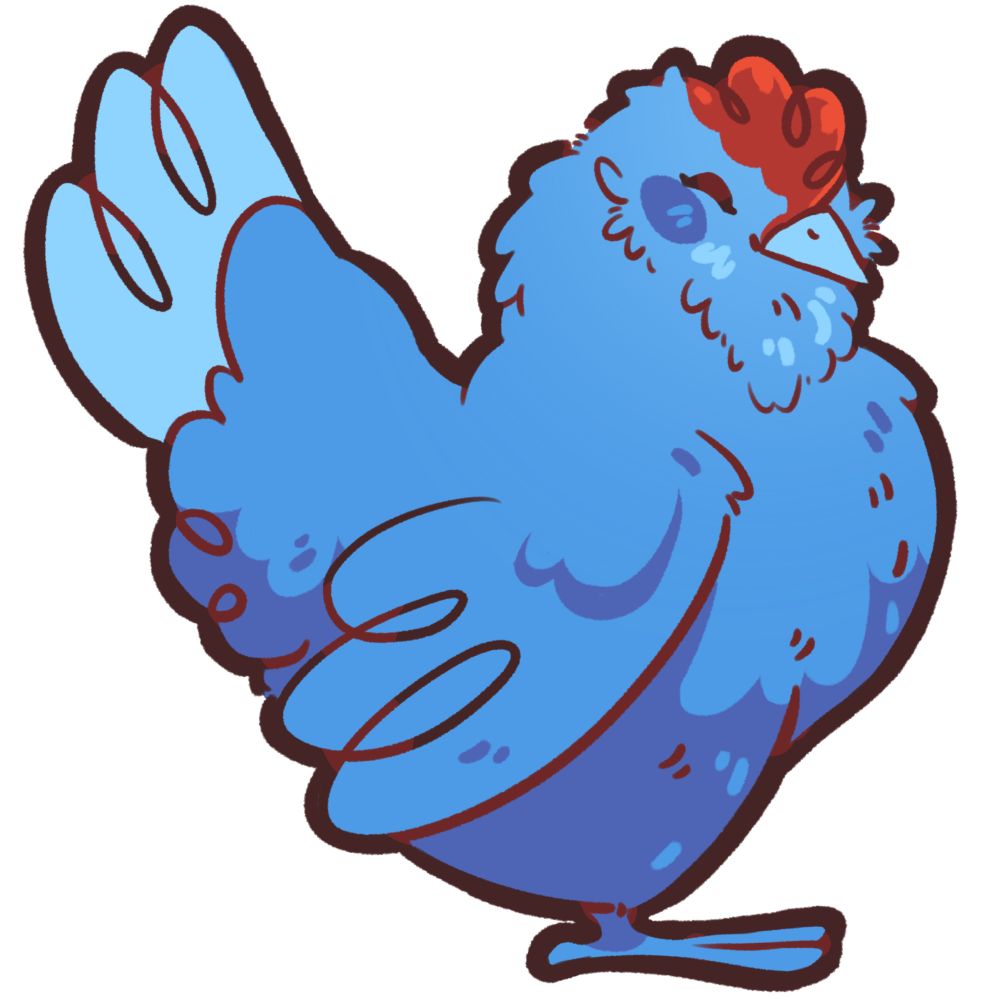 Cartoon chicken in shades of blue