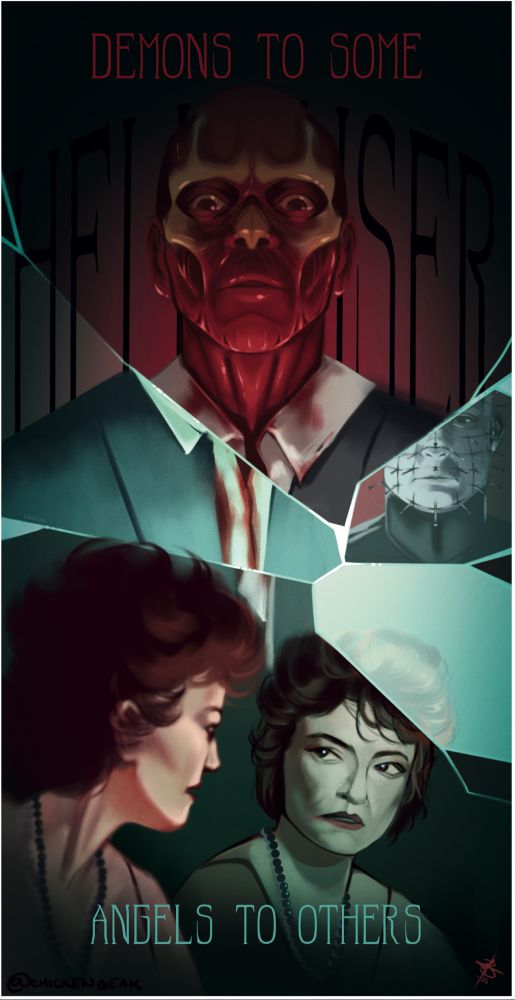 Digital portrait of a skinless man staring down at a woman looking into a mirror. The stretched text behind him reads Hellraiser, with text above him reading Demons to Some, and the text below the woman reading Angels to Others. The mirror the woman is looking into is cracked into several shards, and in one shard at pale man with pins in his face stares back at the viewer. 