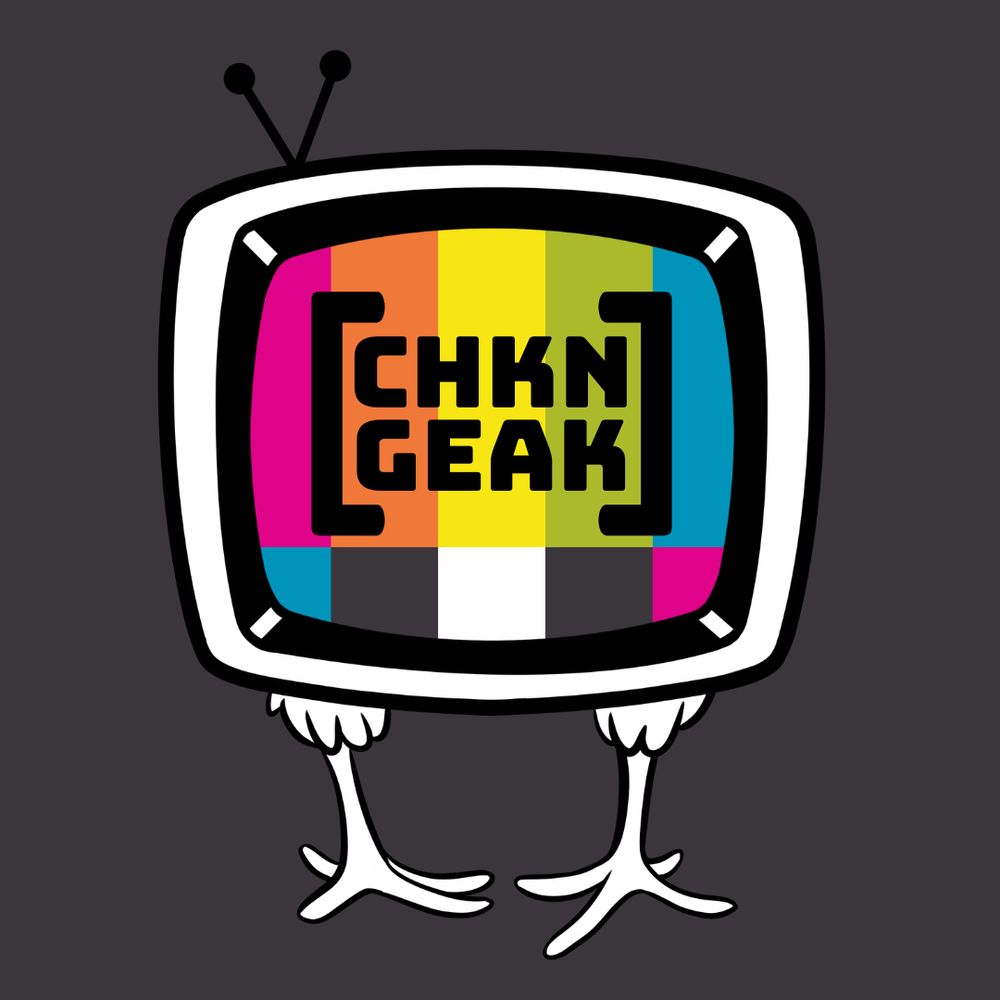 Image of my logo, a small tv with two little antenna, with the test colour screen on. In brackets it has [CHKN GEAK] on the middle of the tv. The tv also has a pair of chicken legs protruding from the bottom, reminiscent of Baba Yaga’s house.