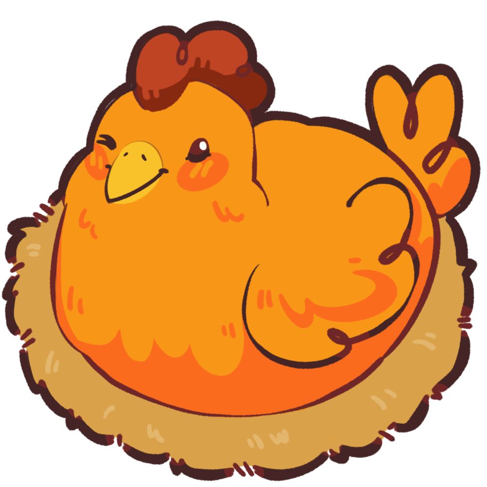 Cartoon chicken sitting on a nest in shades of orange and yellow