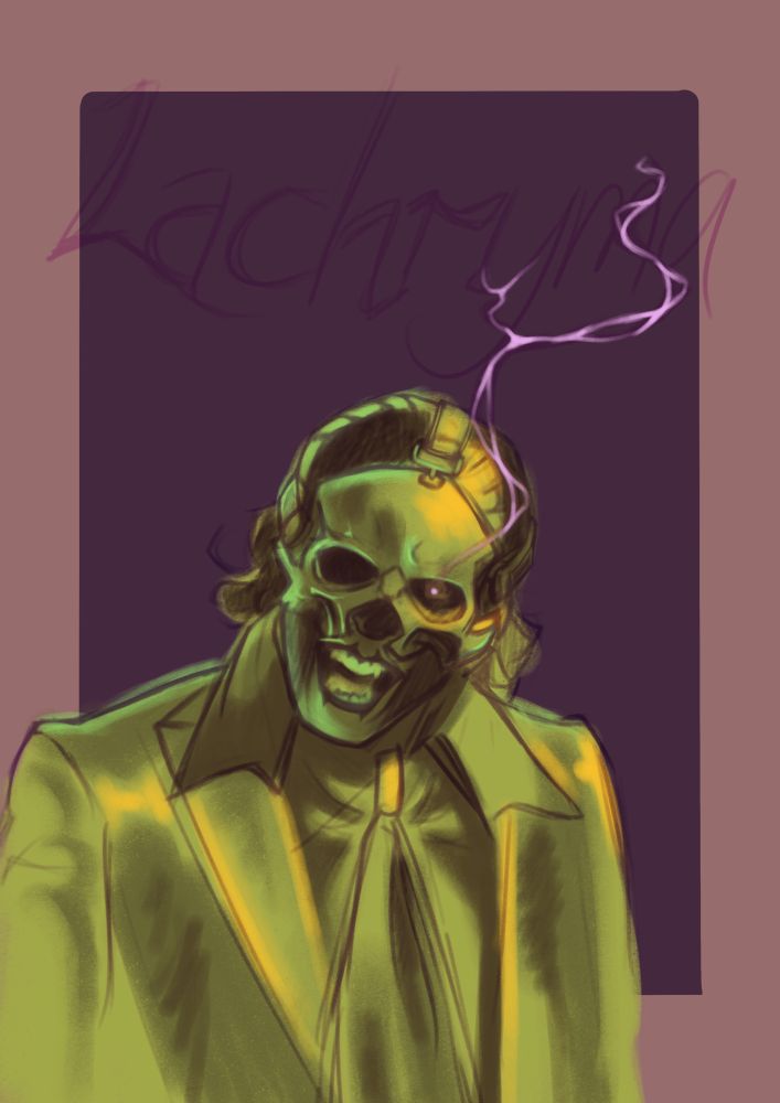 Papa Perpetua from the band Ghost digital portrait. A man in a skull mask painted in shades of green smiles at the observer with sharp vampire teeth, one eye is visible that plumes into pink and purple smoke, above his head reads Lachryma