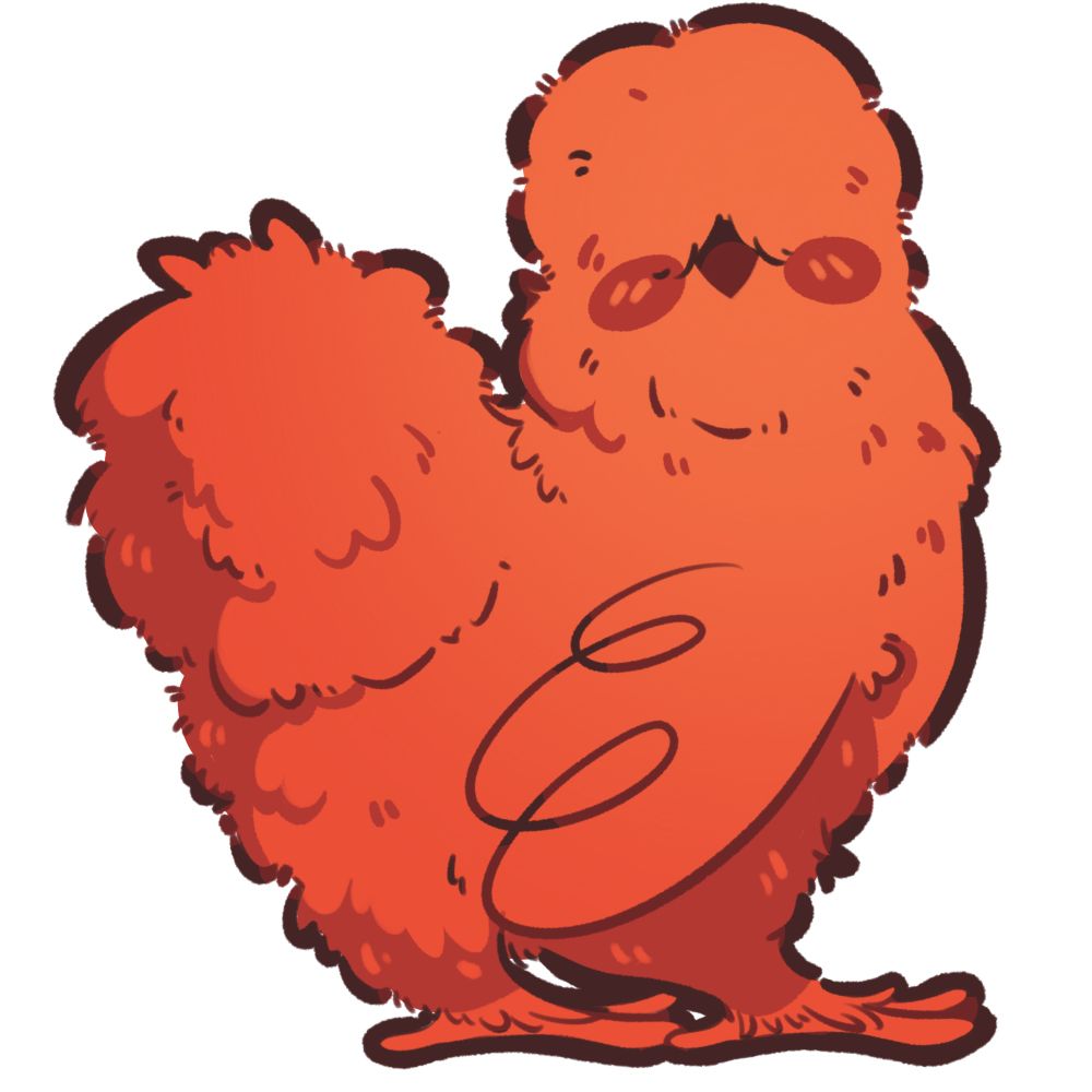 Cartoon Silkie chicken in shades of red