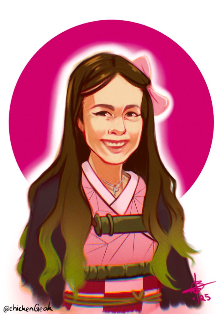 Digital portrait of a young girl with long brown hair that fades into a green. She is cosplaying Nezuko from Demon Slayer, with a dark purple jacket and pink kimono.

This commission almost made me cry 😭 the dad wanted a portrait drawn of his daughter for her birthday, so I asked her if she’d like me to draw her in her cosplay and she nodded enthusiastically, they went and did their shopping and I hailed them as they walked passed a little while later, when I showed them the little girl jumped and squealed and looked like she was about to cry 😭 the dad also looked really emotional and so so happy with the drawing. I started tearing up ngl, it was the most wonderful reaction I’ve ever had to my art. He was the nicest dad and just wanted to make they day special for his daughter and I was SO happy to be able to contribute to that 💖💖