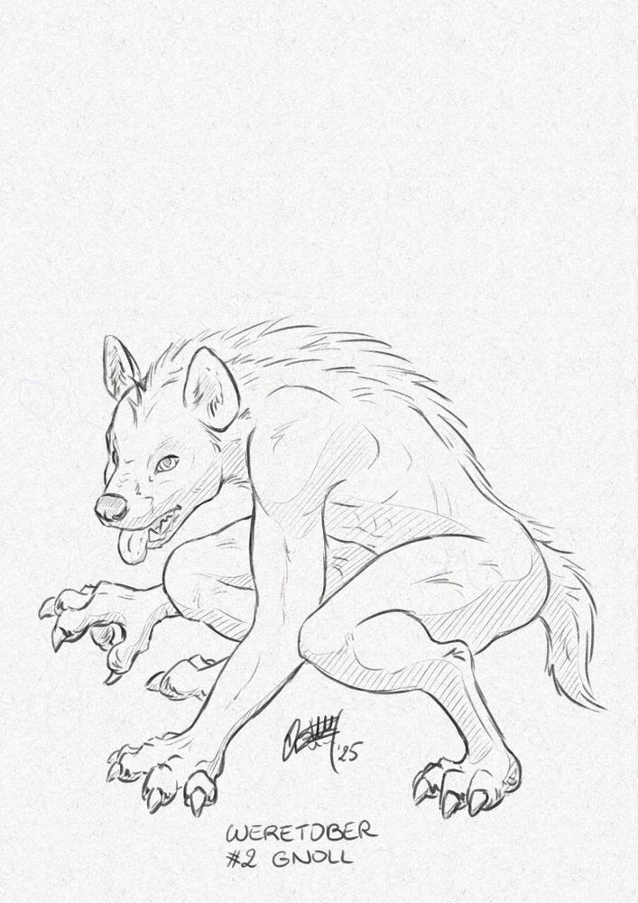 Sketch of a were-hyena, also called Gnoll. He’s looking to the left menacingly, tongue lolling out, and he’s crouching.