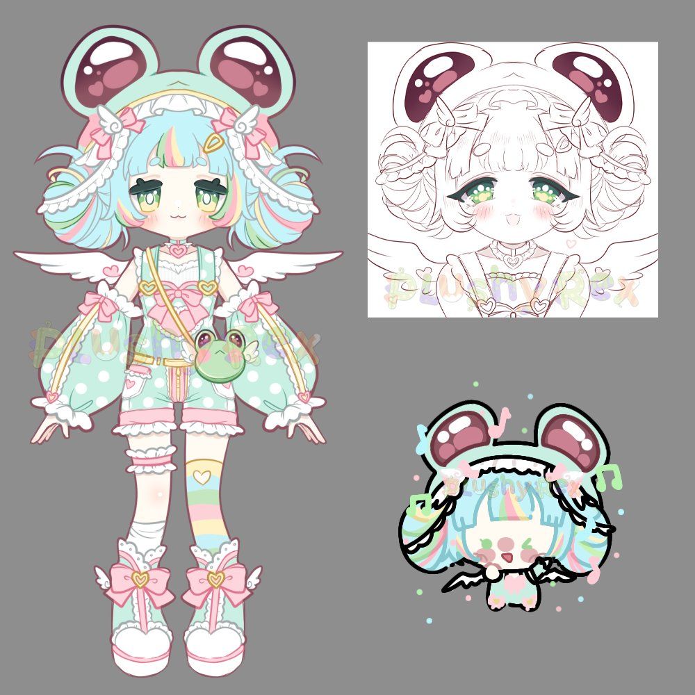 3 drawings of an anime style frog girl adoptable. 1 drawing is a fullbody, 1 drawing is a bust, and 1 drawing is a tiny chibi of the frog girl.