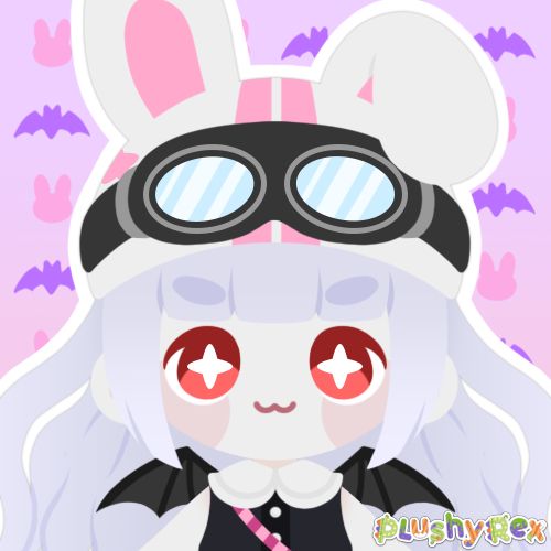 A lineless chibi style digital art drawing of a vampire bunny girl giving a mischievous grin.
