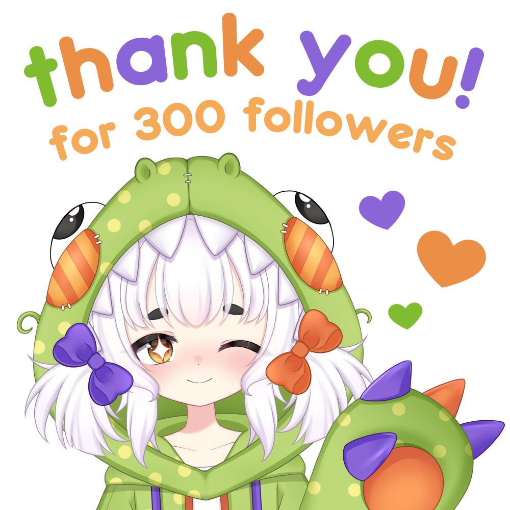 anime style digital art drawing of plushyrex, a vtuber wearing a green dinosaur kigurumi, smiling and winking while waving. There is text that says "thank you for 300 followers!"