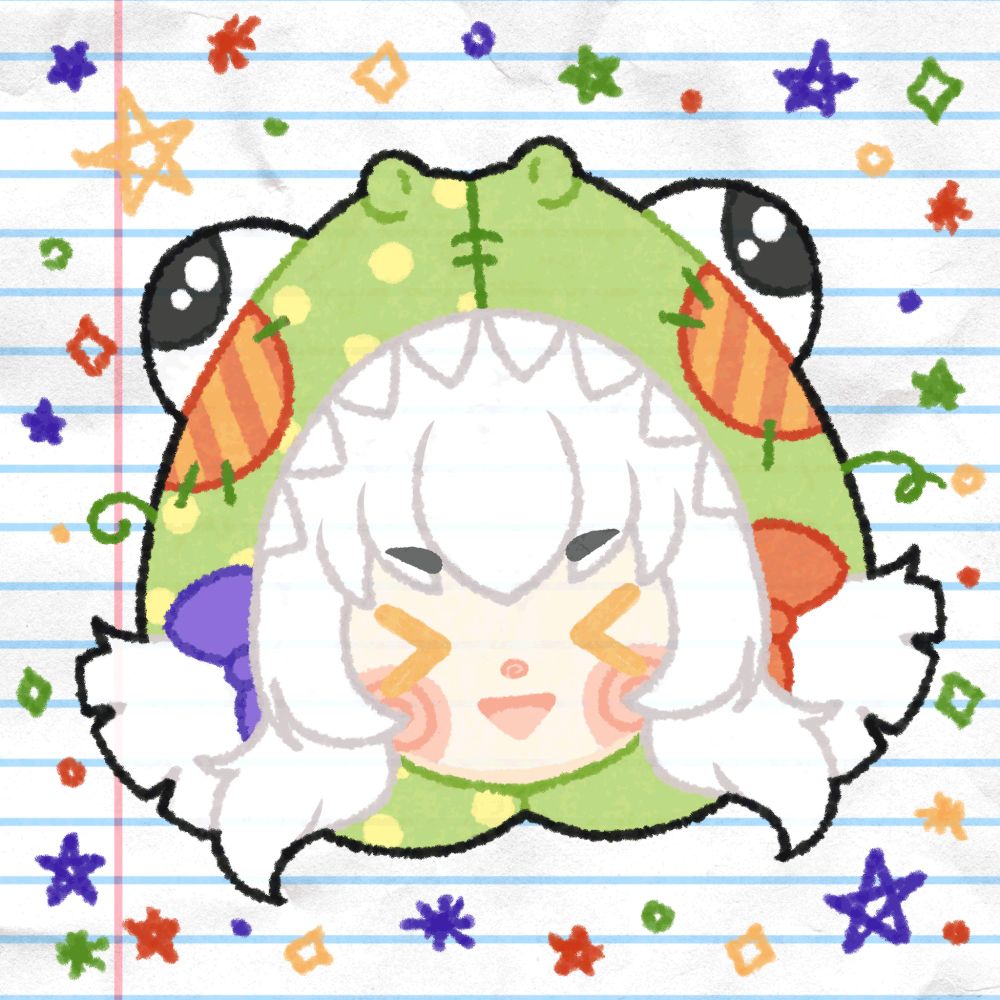 A doodle style digital art drawing of plushyrex, a vtuber girl wearing a green dinosaur kigurumi, smiling with her eyes closed.