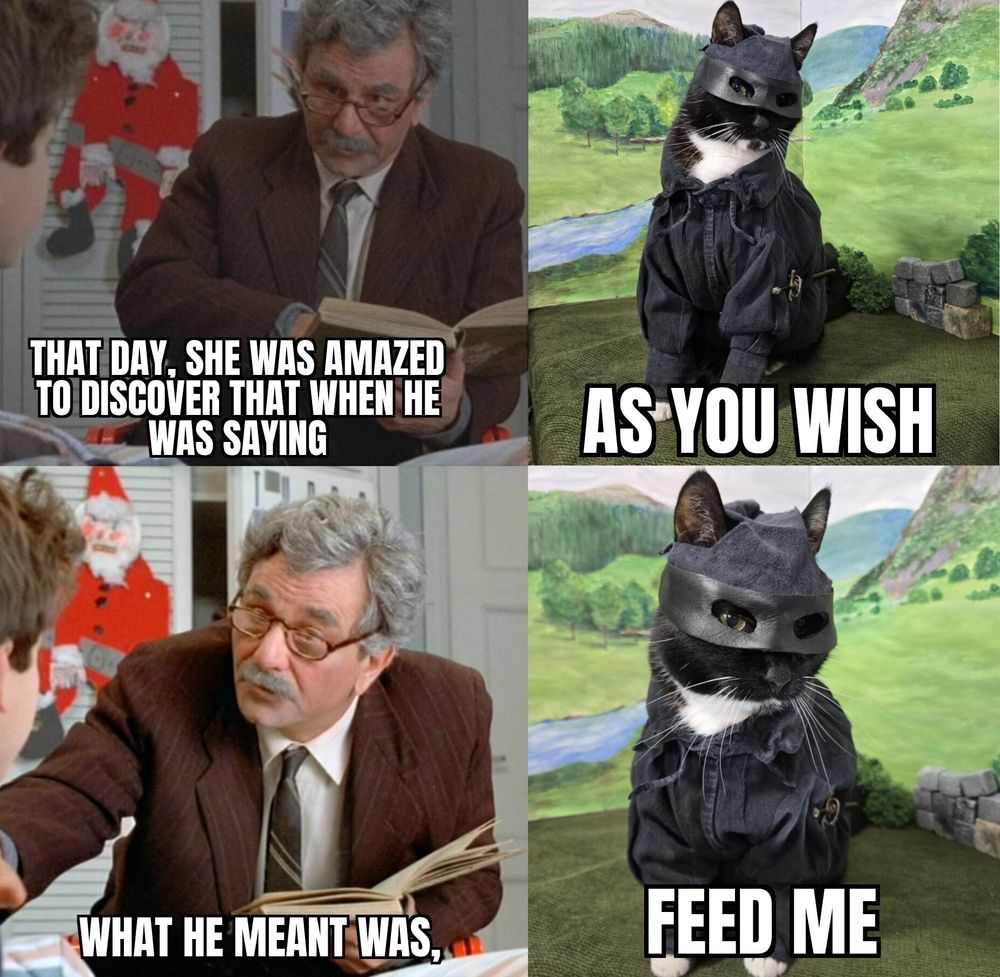A meme using images of the Grandfather from the Princess Bride and a Cat dressed as Wesley. It says.
That day, she was amazed to discover that when he was saying “As you wish”, what he meant was, “Feed Me.”