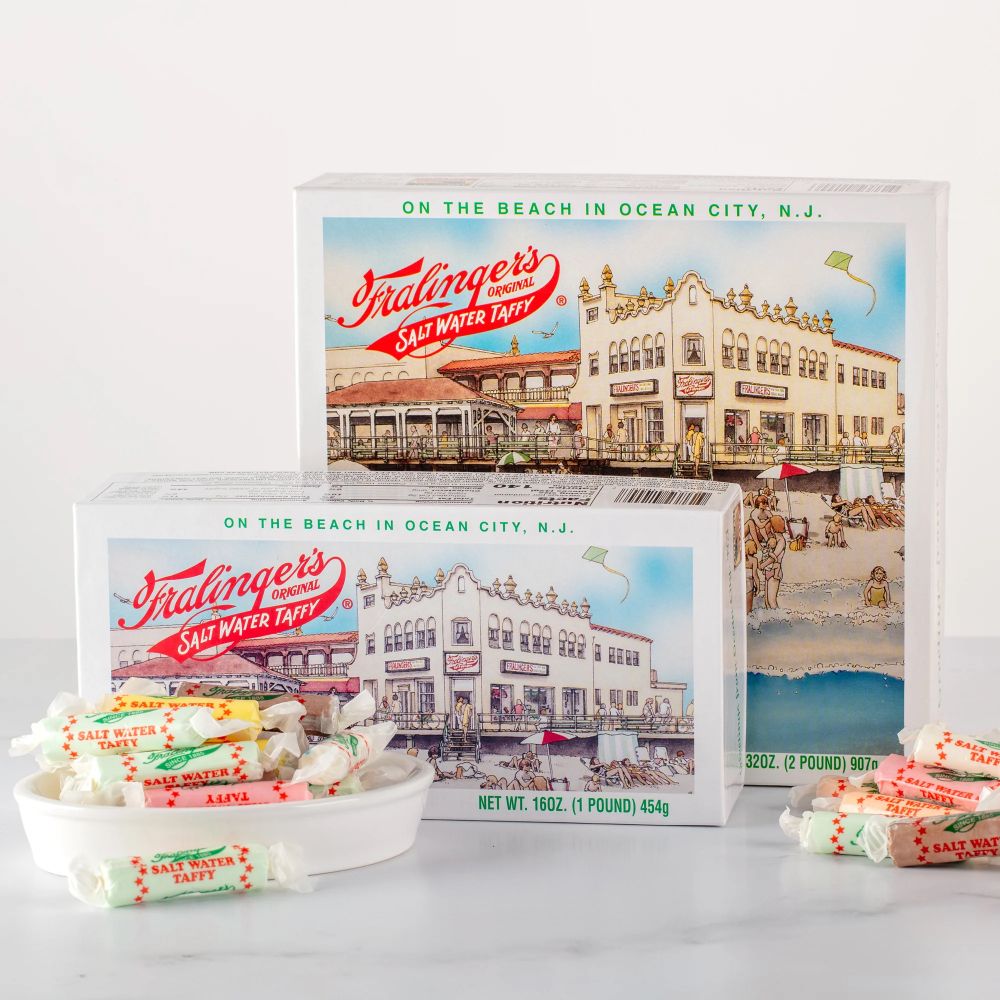 Two boxes of Fralinger’s salt water taffy based in New Jersey