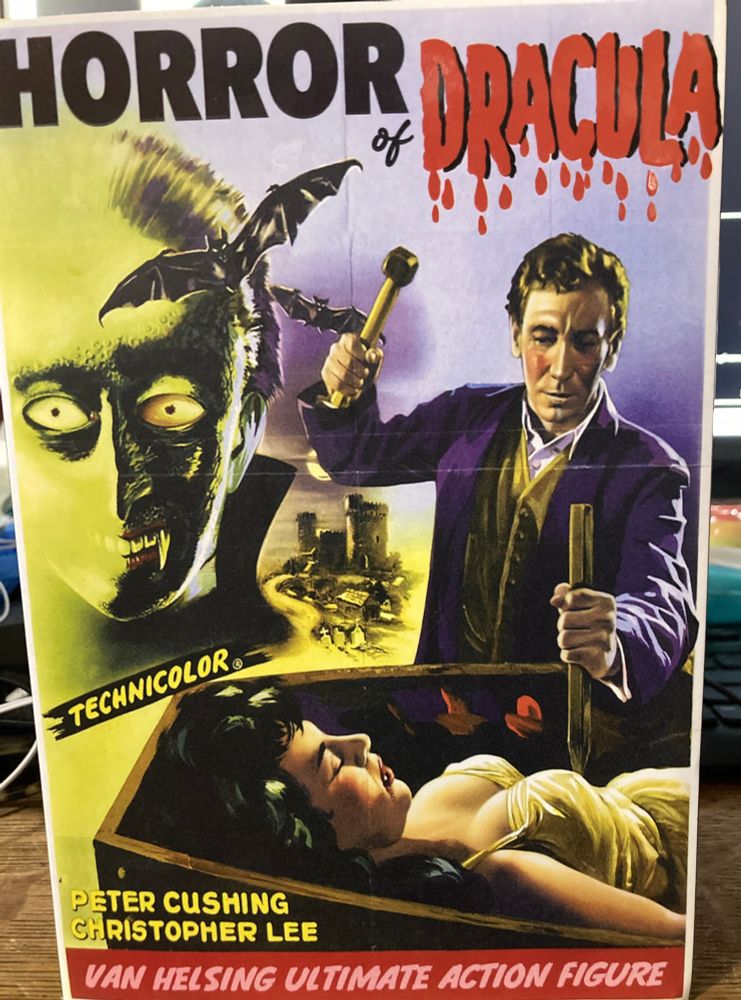The box for my Dr Van Helsing action figure, a reproduction of the Horror of Dracula poster. At the bottom it says “Van Helsing Ultimate Action Figure”