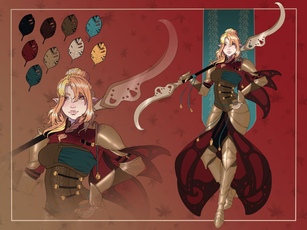 A character reference sheet for Zingybeams that has a color palette on leaves in the top left. On the bottom left is a faded zoom in of the character and on the right is the full outfit. She is wearing an archery-style corset with a bolero over the top that is held on by bronze pauldrons and gauntlets. A butterfly-wing style capelet drapes from her left shoulder. In addition she wears bronze greaves over thigh-high boots that are slightly hidden with butterfly-wing faulds. Hanging from different parts of the outfit are cords with leaf accessories. Over her shoulder is a swallow weapon themed to match the faulds.
