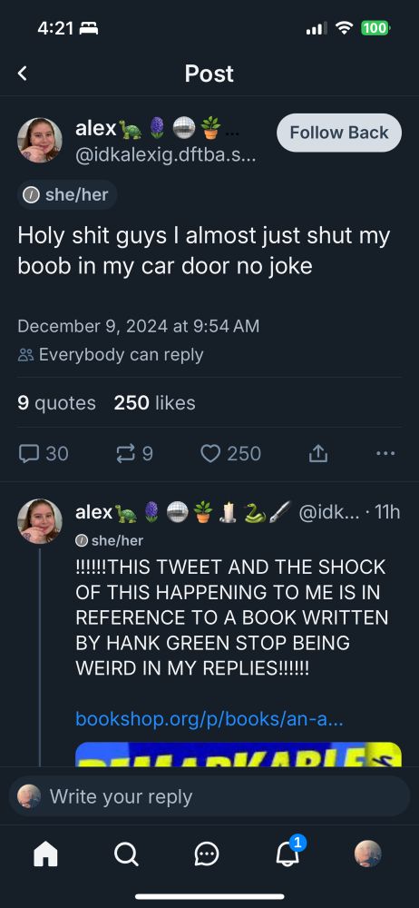 Screenshot of post by Alex that says, “holy shit guys I almost just shut my boob in my car door no joke 