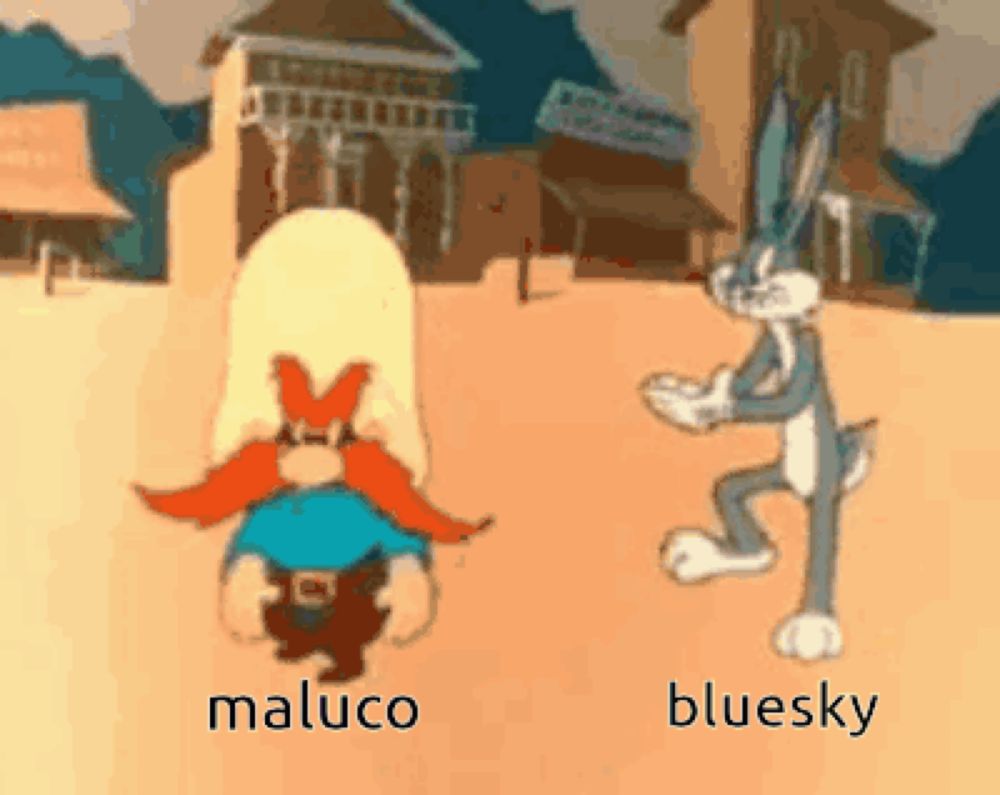 two cartoon characters named maluco and bluesky are standing next to each other in the desert .