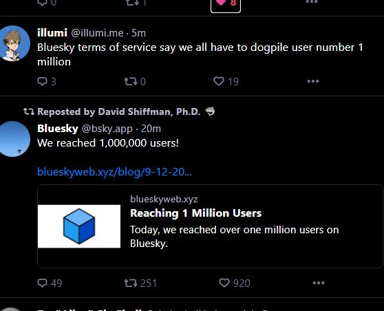 A screen capture of Illumi's post, proposing violence. Immediately below is the official post from Bluesky stating it has reached 1 million users.