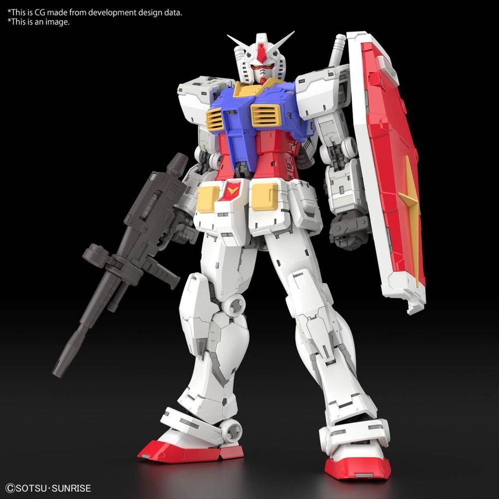 White and red Gundam mobile suit mecha model, with a big Sci Fi gun and shield.