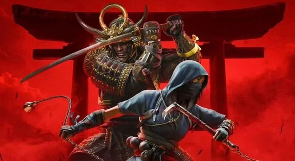 Key art from Assassin's Creed Shadows, featuring the two main characters - the nimble Shinobi Naoe and the hulking Samurai Yasuke - posing dramatically, ready to fight, in front of a Torii gate. The whole background is blood red. 