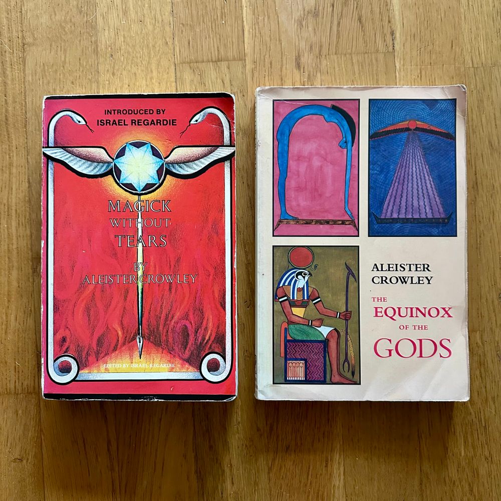 Copies of Aleister Crowley's books Magick Without Tears and The Equinox of the Gods.