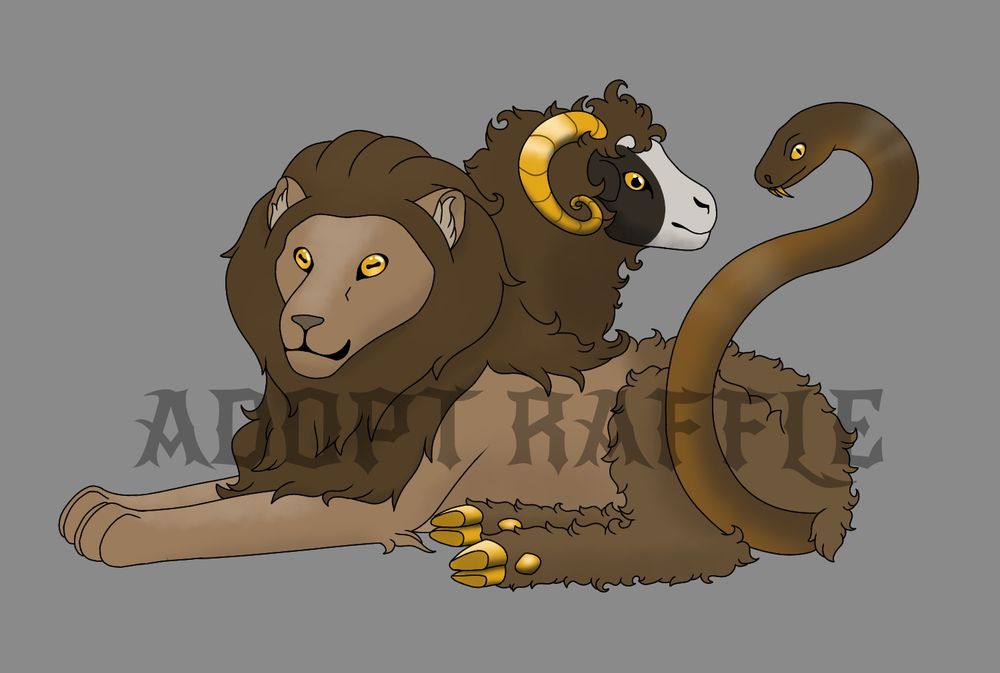 A chimera with a lion and sheep head and snake tail. It has paws in the front and gold hooves in the back. Its fur is different shades of brown and all its eyes and the snake's protruding fangs are gold. The lion head has sheep eyes and the sheep head has lion eyes. 