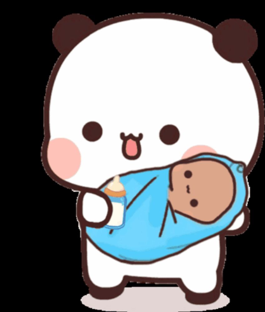 a cartoon panda bear holding a baby and a bottle