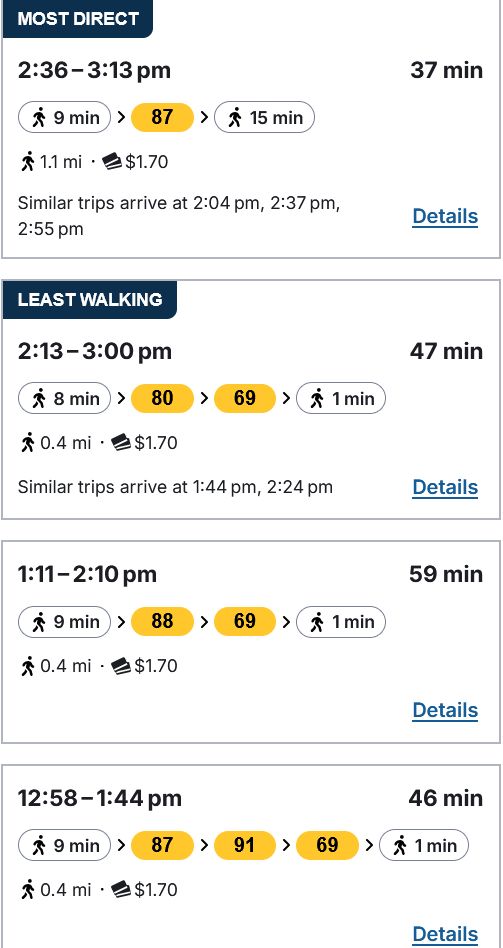 a screenshot of the mbta online trip planner presenting four travel options to get to a location by 3:15 pm. The first one presents a travel time from 2:36-3:13 pm, the second from 2:13-3:00 pm, the third from 1:11-2:10 pm, and the fourth from 12:58-1:44 pm. It was around 2:05 pm when I made this lookup request.