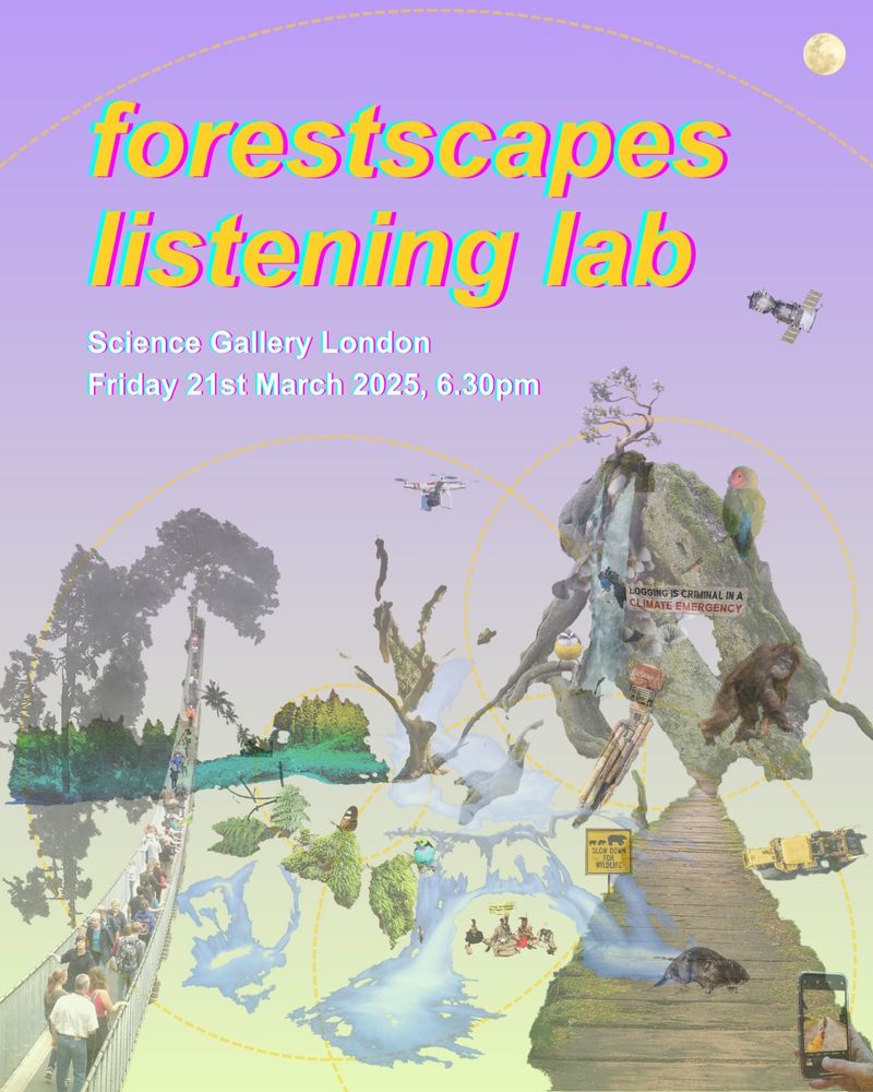 an image for forestscapes listening lab at Science Gallery London, Friday 21st March 2025, 6.30pm. There is a collage featuring images of forest related plants, creatures, infrastructures and objects. Concentric circles represent fields of sound. The background is a gradient from purple to yellow. In the top right is an image of the moon.