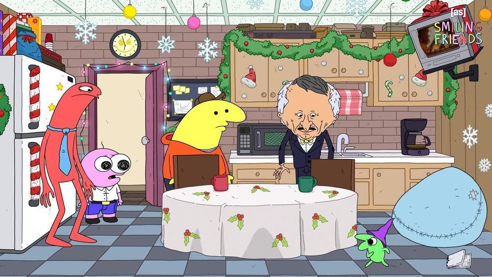 Allan, Pim, Charlie, Mr. Boss, and Glep in a kitchen decorated for Christmas