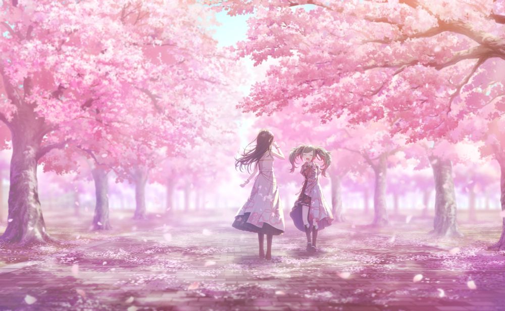 hoshino ichika and hatsune miku smile together in a beautiful, serene forest of cherry blossoms. this is the trained artwork associated with the previous image's card