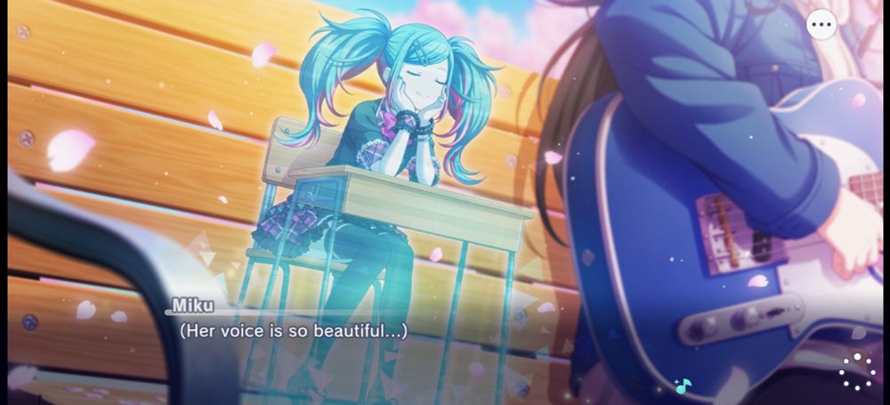 a tiny holographic hatsune miku sits beside hoshino ichika on a park bench, the cherry blossoms drifting around them. she listens peacefully to ichika's song, eyes closed. miku thinks "Her voice is so beautiful..."