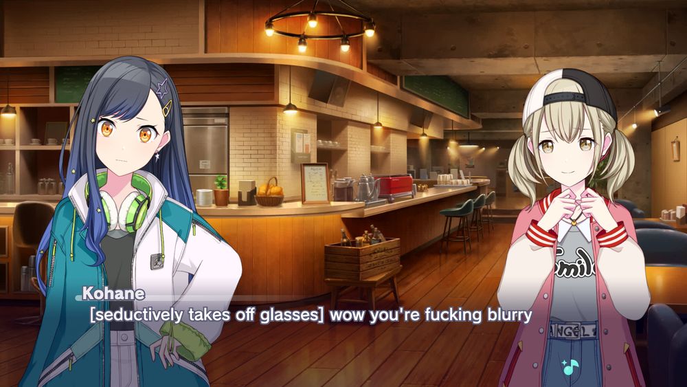 an and kohane at weekend garage, shown unusually far apart. an looks worried, and kohane's giving her a fond smile

Kohane: [seductively takes off glasses] wow you're fucking blurry