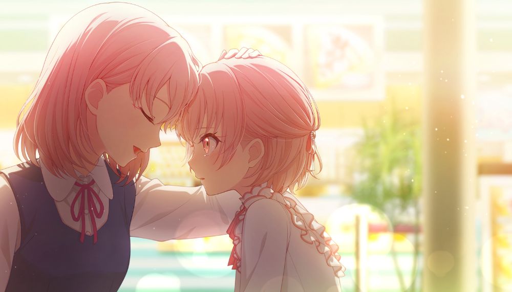 the untrained art for akiyama mizuki's card "encouraged by kindness", which shows her as a very small child being comforted by her older sister yūki. mizuki's wearing a frilly fem outfit and has her hair tied with a pretty ornament, although it's much shorter than it is in the present. yūki is giving her a gentle headpat and assuring her that she's absolutely allowed to be herself and love the things she loves.
