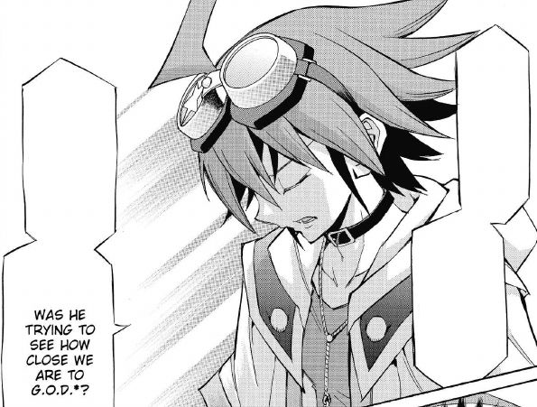 Um dos quadros do mangá de Yugioh arc v, com apenas um dos balões destacados "Was he trying to see how close we are to GOD?"