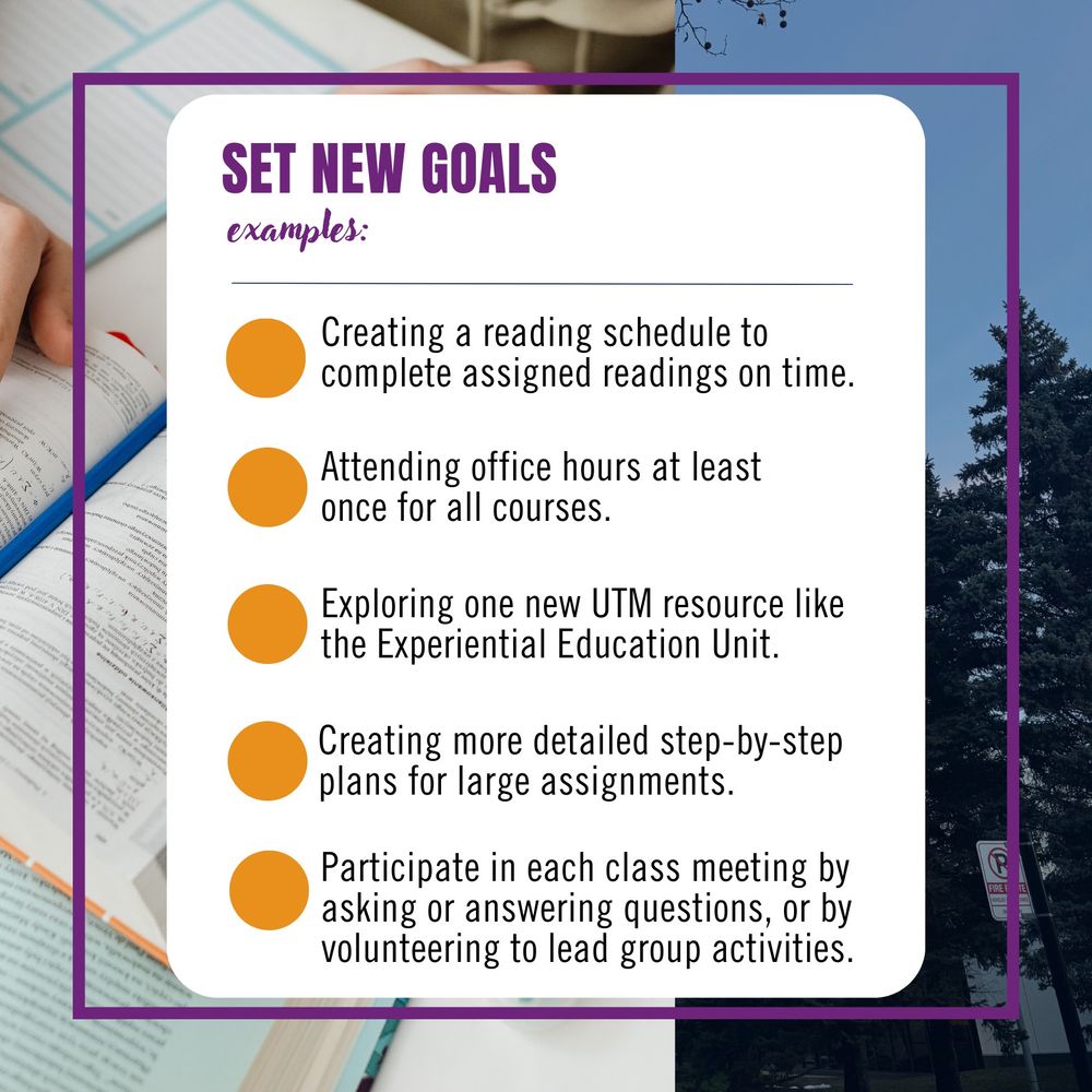 Set new goals. Examples: Creating a reading schedule to complete assigned readings on time, Attending office hours at least once for all courses, Exploring one new UTM resource like the Experiential Education Unit, Creating more detailed step-by-step plans for large assignments, Participate in each class meeting by asking or answering questions, or by volunteering to lead group activities.