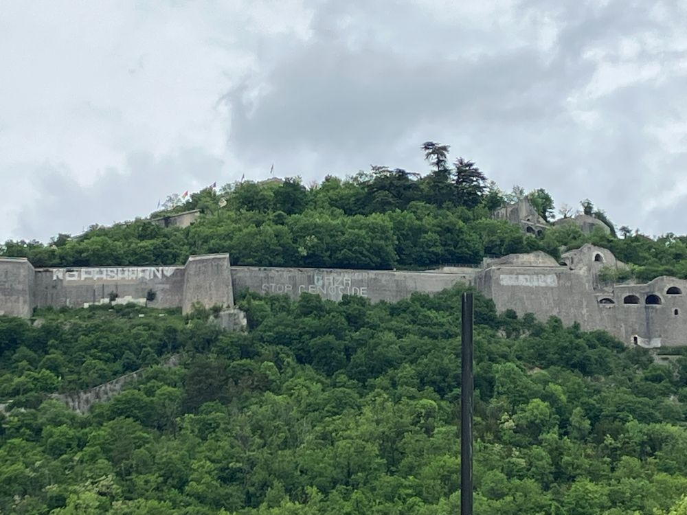 Stop Gaza Genocide, painted on a wall of the Bastille