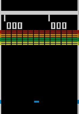 Screenshot of the start of Breakout — eight rows of coloured bricks at the top of the screen and a paddle at the bottom. 